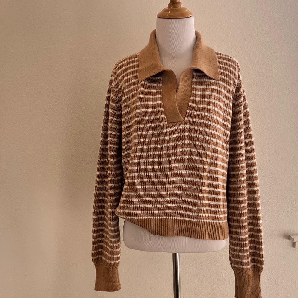 Endless Rose Tan and White V-Neck Sweater